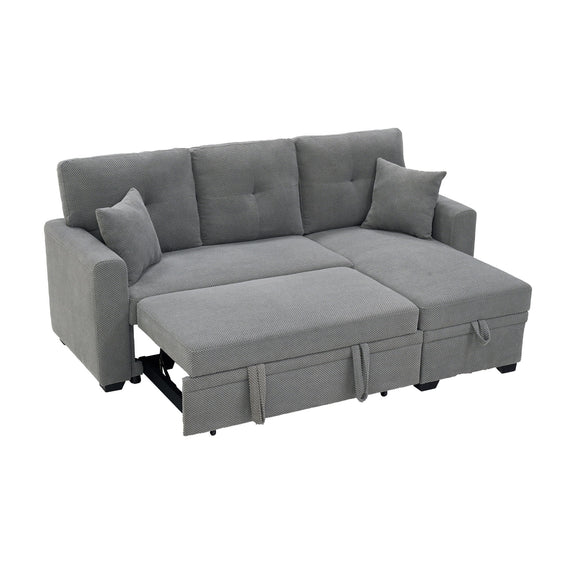 Gray sectional sofa with pull-out bed extended and two throw pillows