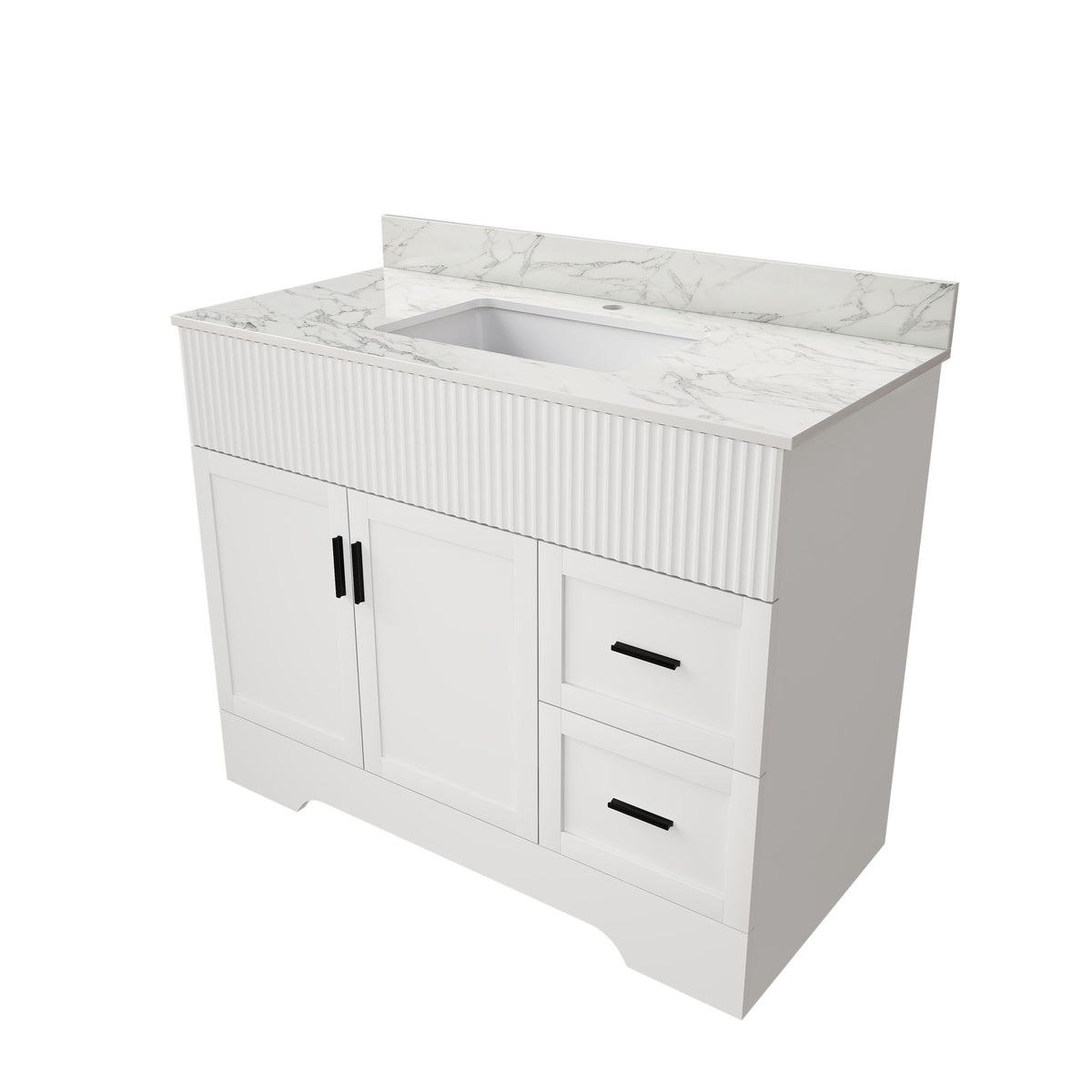 White bathroom vanity cabinet with fluted doors, two drawers, and marble-look top