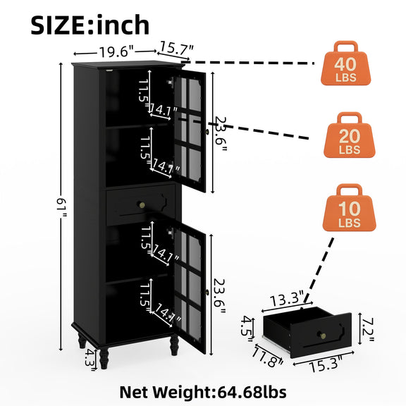 Black curio cabinet with open doors and removable drawer, showing dimensions and shelf capacities