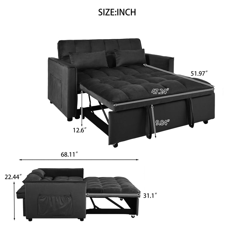 Convertible sofa bed with pull-out bed frame and tufted seat, dark gray fabric