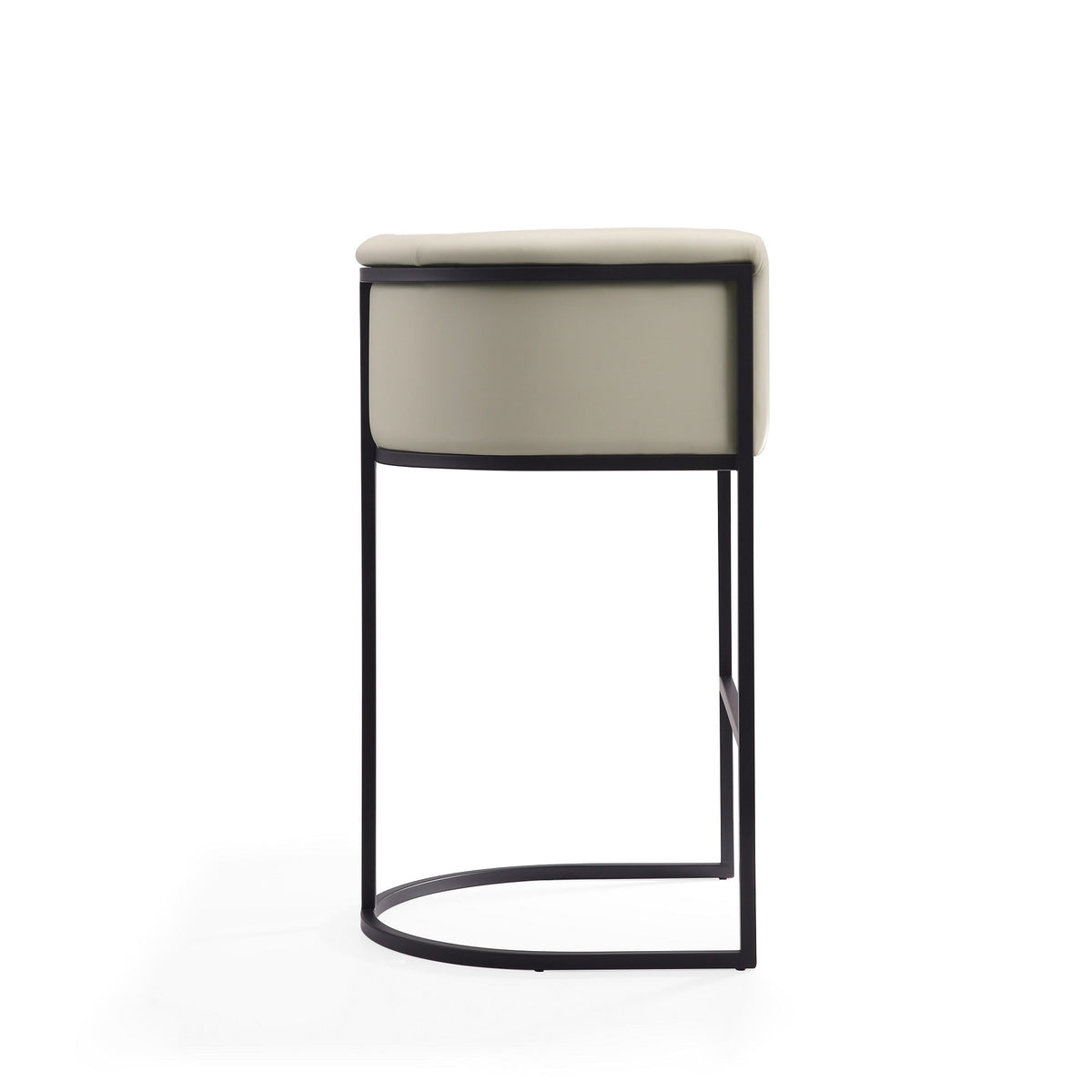 Light beige upholstered barstool with black metal legs and curved footrest