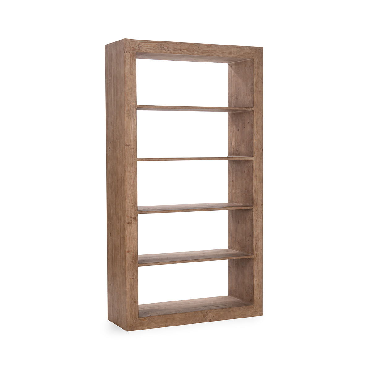 Natural wood bookshelf with four open shelves and solid side walls.