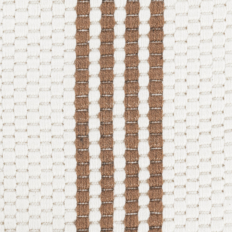 Ivory rug fabric close-up with vertical tan stripe band and flat woven texture