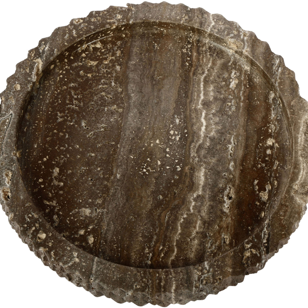 Brown-gray travertine tray with shallow basin and scalloped rim, top view.