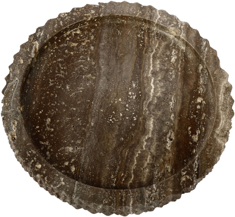 Brown-gray travertine tray with shallow basin and scalloped rim, top view.