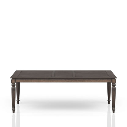 Dark brown expandable dining table with slatted top and double pedestal legs