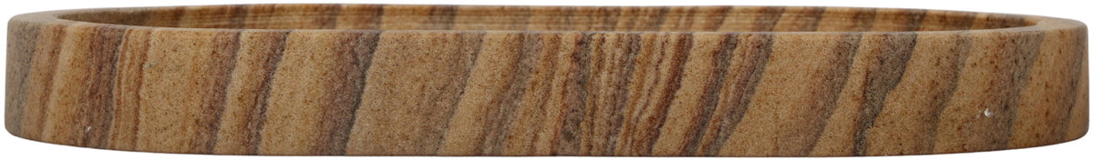 Low-profile sandstone tray side view with striped tan and brown pattern