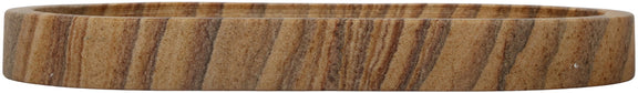 Low-profile sandstone tray side view with striped tan and brown pattern
