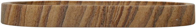 Low-profile sandstone tray side view with striped tan and brown pattern