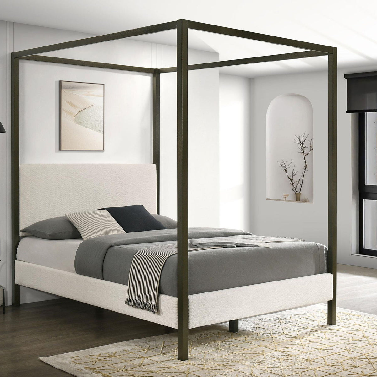 Monroe Upholstered Queen Canopy Bed Vanilla