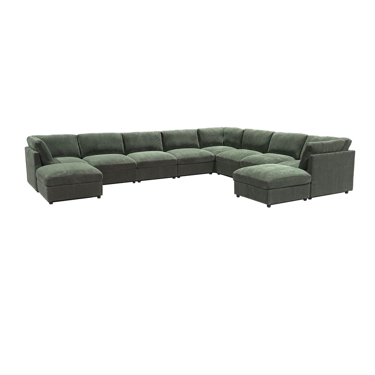 Dark green sectional sofa with two ottoman corner seats and a curved armrest