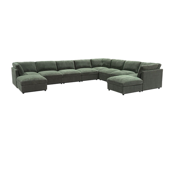 Dark green sectional sofa with two ottoman corner seats and a curved armrest