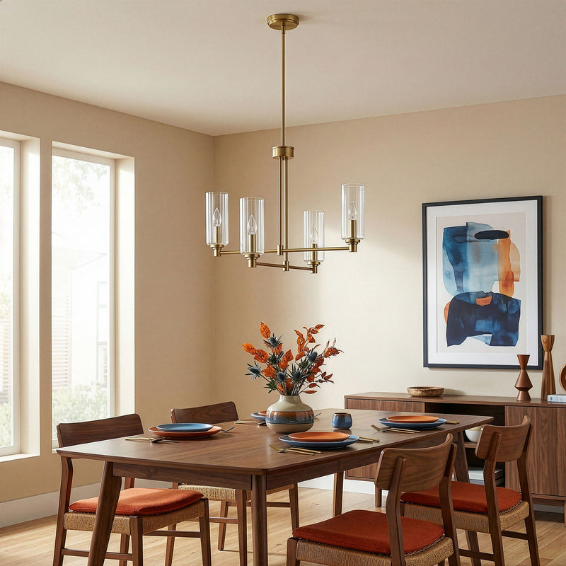 Antique brass 4-light chandelier with clear ribbed glass cylinder shades on stems