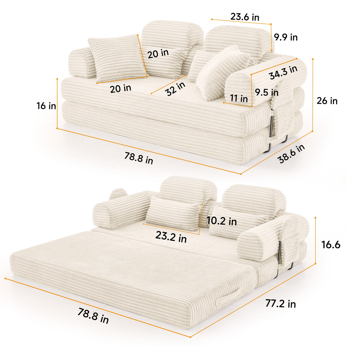 Convertible Sleeper Sofa With & Side Storage Pocket, Foldable Upholstered Couch For Living Room