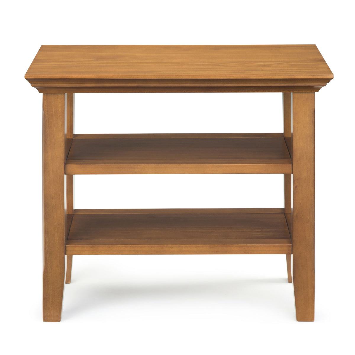 Wooden narrow side table with 3 shelves and simple angled side supports