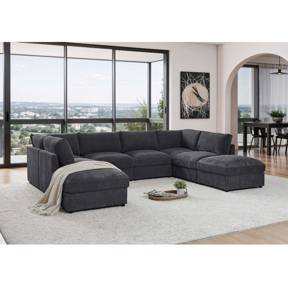 Dark gray modular sectional sofa with ottoman chaise and removable back cushions