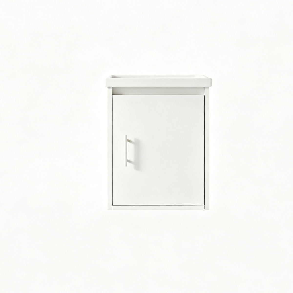 Wall-mounted bathroom vanity cabinet with sink, white door and slim metal handle