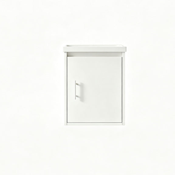 Wall-mounted bathroom vanity cabinet with sink, white door and slim metal handle