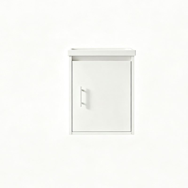 Wall-mounted bathroom vanity cabinet with sink, white door and slim metal handle