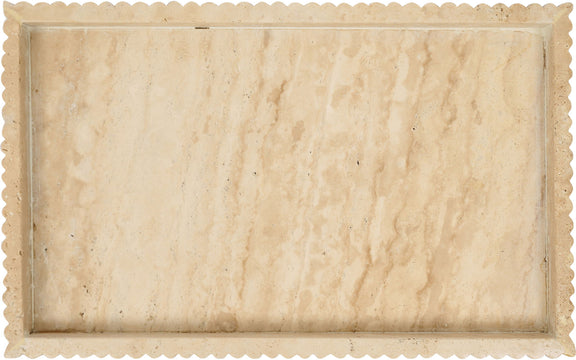 Beige travertine serving tray with scalloped rim and veined stone surface