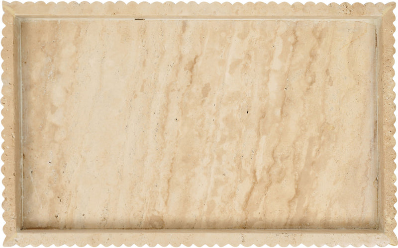 Beige travertine serving tray with scalloped rim and veined stone surface