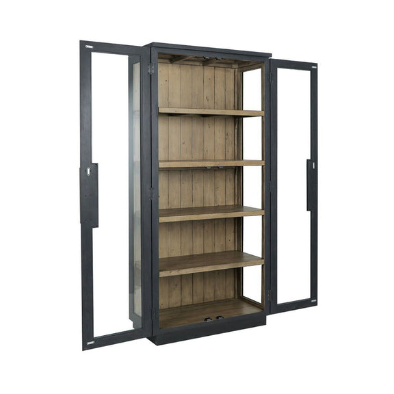 Larson tall cabinet, open black doors showing adjustable wood shelves and floor base.