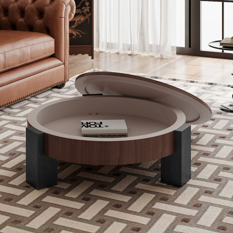 Round Coffee Table with Hidden Storage Wood Veneer Parquet Veneer Walnut 33-inch