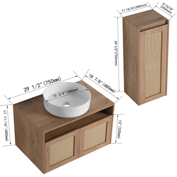 Floating bathroom vanity with black vessel sink and side cabinet, wood-tone base, rattan doors