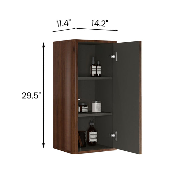 Walnut floating cabinet with open door, striped sides, and 3 shelves visible