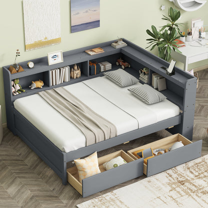 Full Size L-shaped Bookcases Bed with Power Outlets, USB Charging Ports, Two Drawers, Grey
