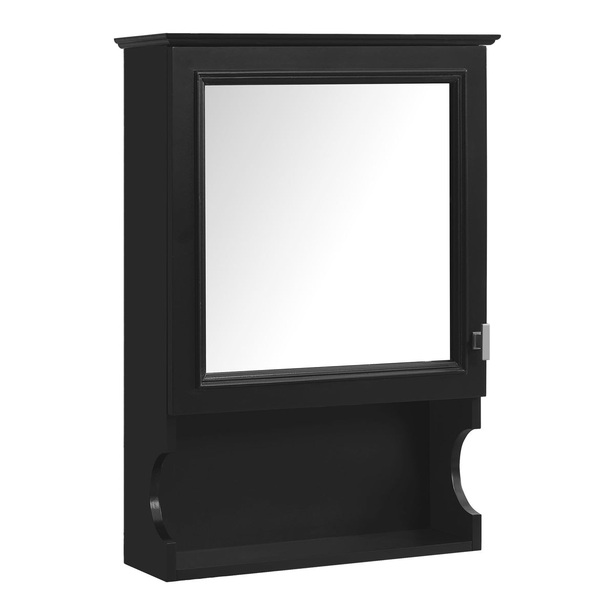 Wall-mounted bathroom storage cabinet with square mirror, dark frame, right-side hinge