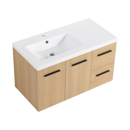 Wall-mounted floating bathroom vanity in light brown with white sink top, drawers, black pulls