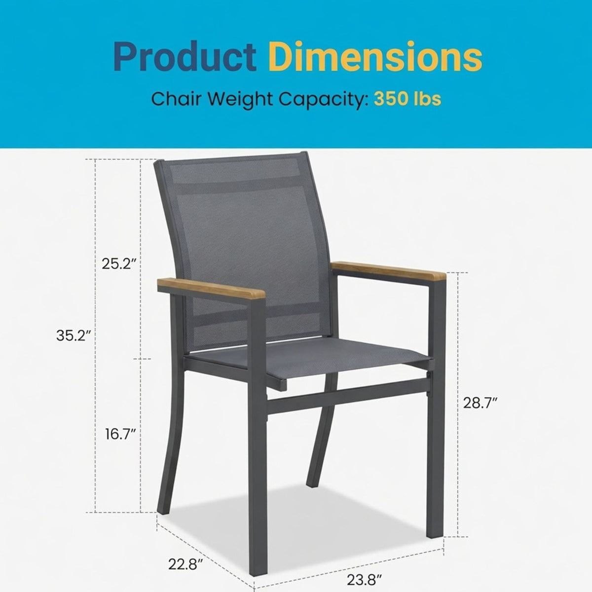 Dark gray patio chair dimensions: woven back, wood-toned armrest bar, 350 lb capacity