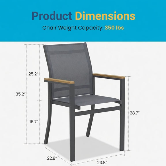 Dark gray patio chair dimensions: woven back, wood-toned armrest bar, 350 lb capacity