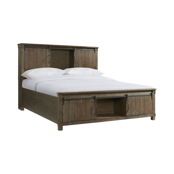 Dark brown wooden platform storage bed with two front hinged panels and tall headboard