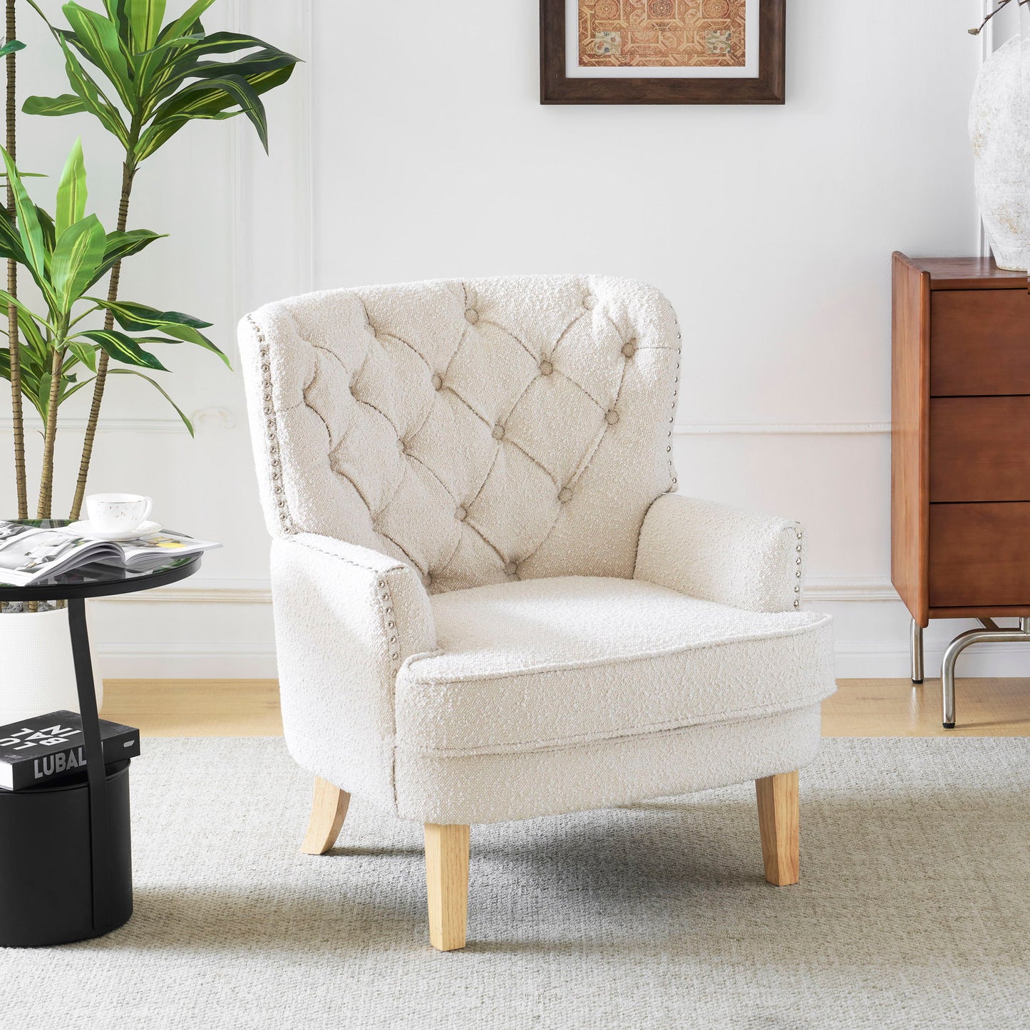 Vintage Style Club Chair, Granular Plush Fabric, Rubber Wood Legs - Almond