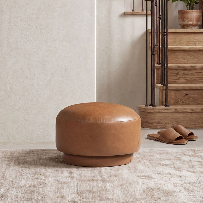 Light brown mushroom ottoman footstool with smooth top and cylindrical base