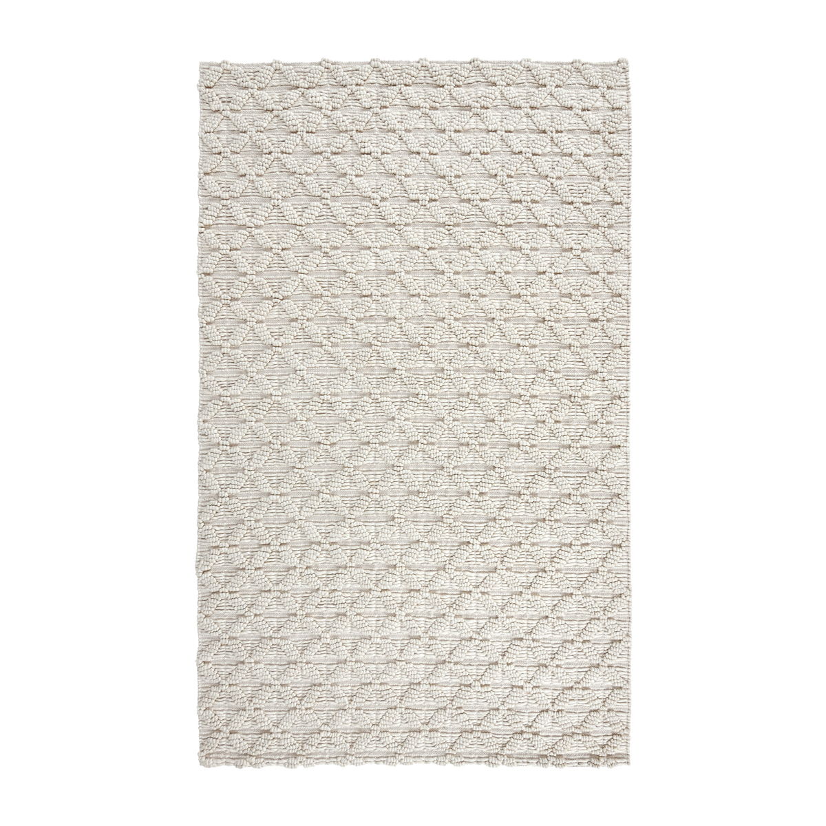 Ivory 2 ft x 3 ft area rug with repeating geometric lattice pattern and short fringe ends.