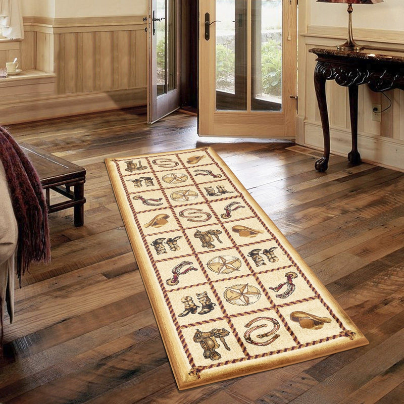 Beige southwest area rug with square glyph icons and star medallions