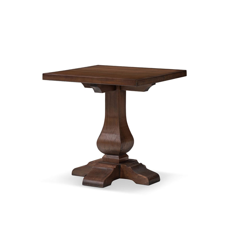 Brown wooden end table with square top and turned pedestal base