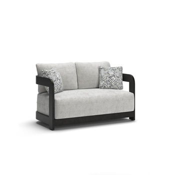 Salina Bay loveseat with gray cushions and black frame, shown with two patterned throw pillows