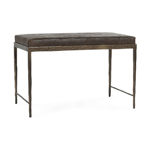Brown leather bench with textured base, padded seat, and dark metal legs