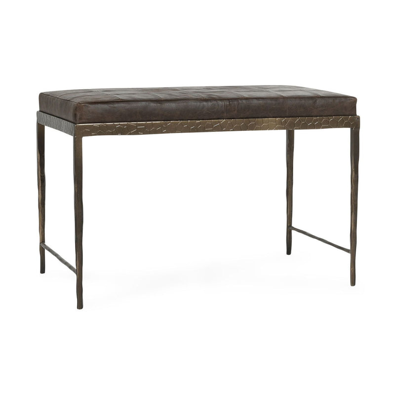 Brown leather bench with textured base, padded seat, and dark metal legs