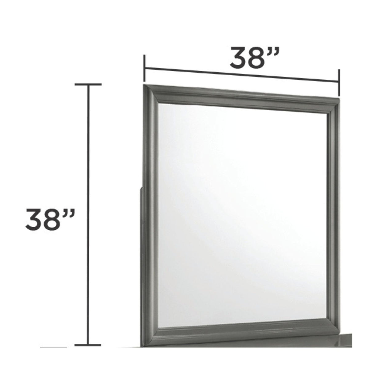 38 in x 38 in dark gray framed square Blaze mirror with dimension guide