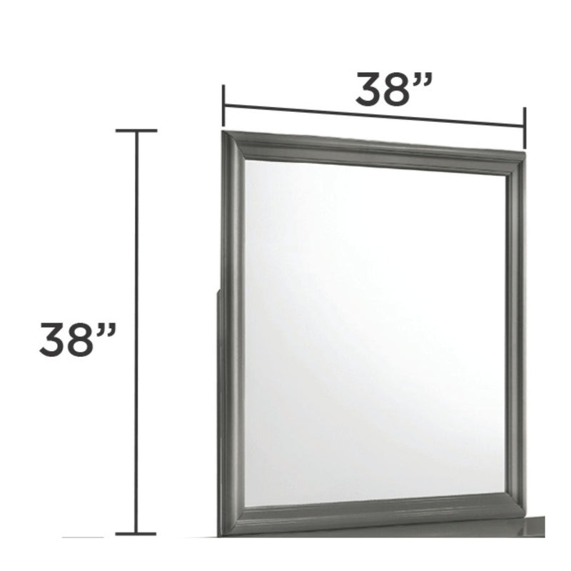38 in x 38 in dark gray framed square Blaze mirror with dimension guide