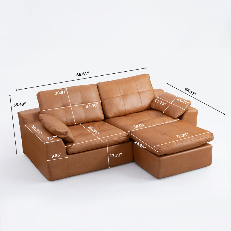Orange L-shaped sofa with movable ottoman; tufted back and padded seat cushions
