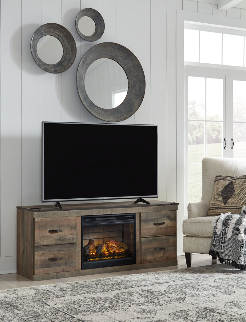 Brown TV stand with built-in electric fireplace and central glass-front insert