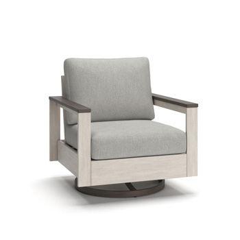 Swivel lounge chair with light gray seat cushions and a brown wood frame