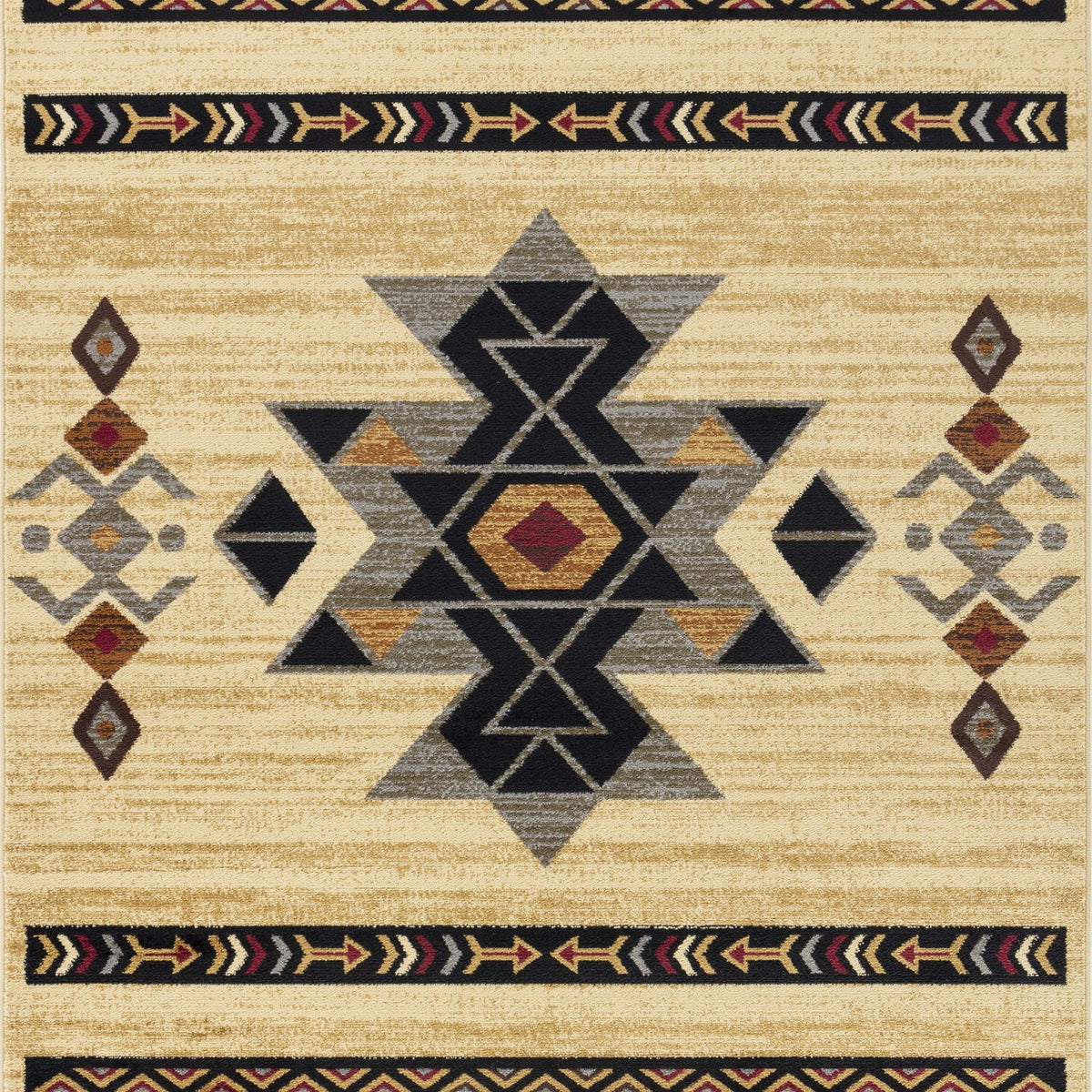 Tribes southwest area rug with beige base, black geometric medallions, and border arrows