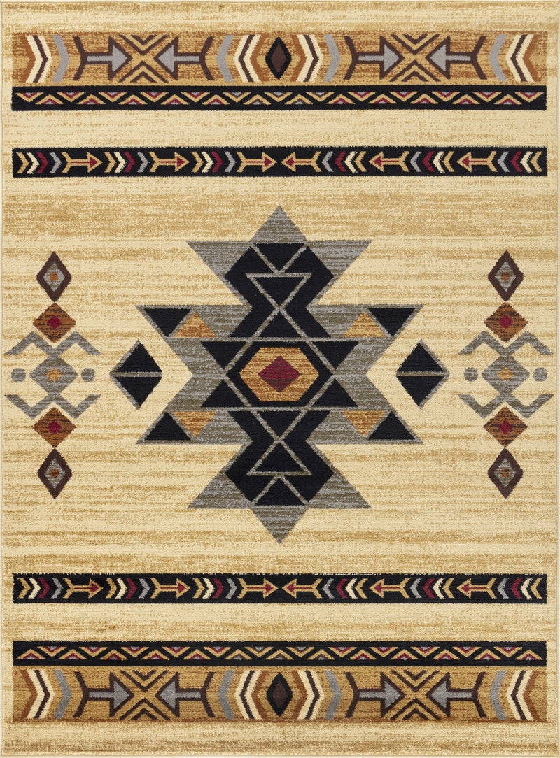 Tribes southwest area rug with beige base, black geometric medallions, and border arrows